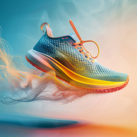 Running shoes on a colorful background. Sport concept. 3d renderingの素材
