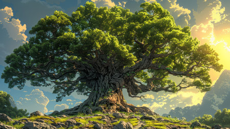 Fantasy landscape with a big old tree. 3D illustration.の素材