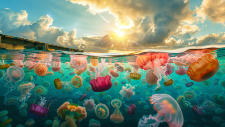 3d render of jellyfish floating in the ocean at sunset timeの素材
