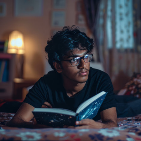 Young man reading a book in his bedroom at home. Young man reading a book.の素材
