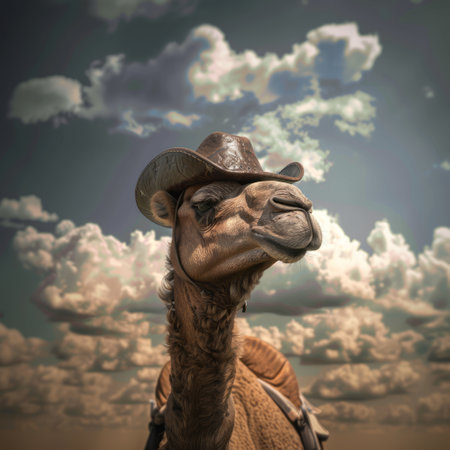 Camel in cowboy hat on cloudy sky background. 3d renderingの素材