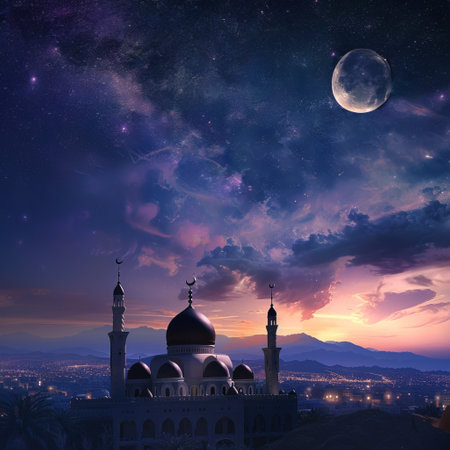 Mosque at night with full moon and stars in the sky.の素材
