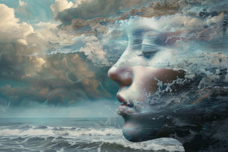 Double exposure of woman face and stormy sea. 3D renderingの素材