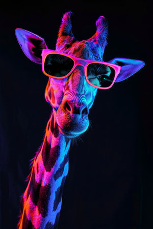 giraffe in sunglasses on a black background in neon light.の素材