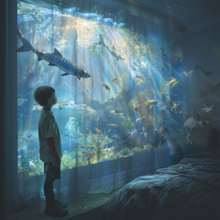 Little boy looking at the big fish in the aquarium. 3d renderingの素材