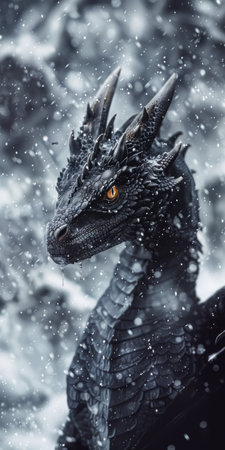 Close-up of the head of a fantasy dragon in the snowの素材