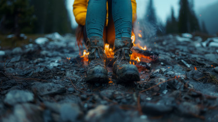 A girl in a yellow jacket and blue jeans is standing near the campfire.の素材