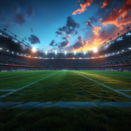 Evening football stadium with lights and bright flashes 3d render illustrationの素材