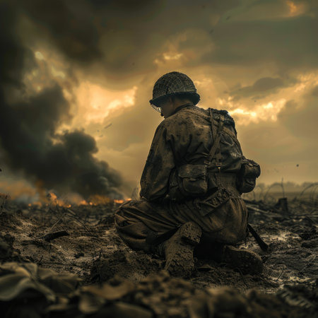 Soldier sitting on the ground and looking at the sky at sunsetの素材