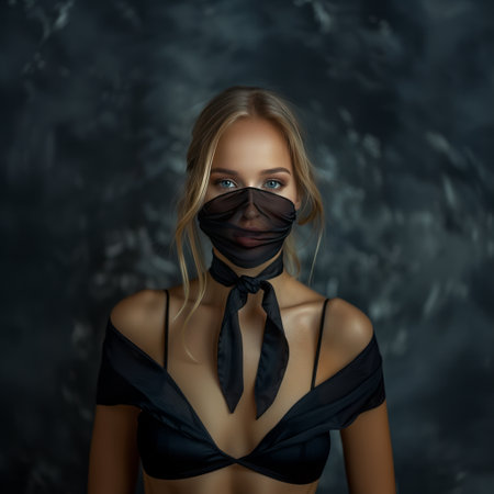 Beautiful girl in a black mask on a dark background. Beauty, fashion.の素材