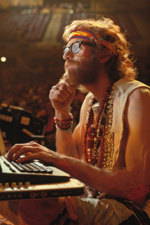 Musician playing the keyboard in the recording studio, close-upの素材