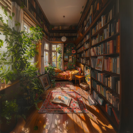 Interior of a living room with bookshelves and a bookcaseの素材