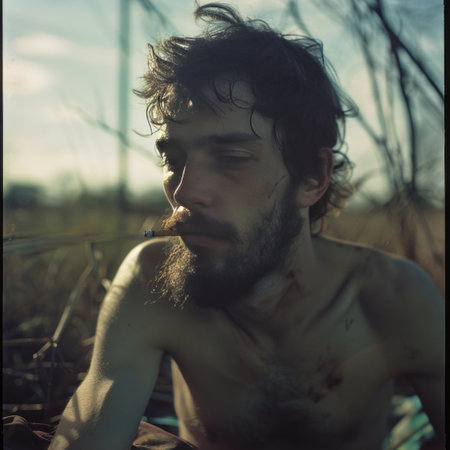 Handsome man with long beard and wet hair on serious face in field outdoorの素材