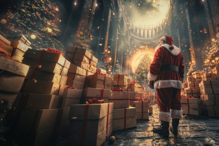 Santa Claus coming out of a huge warehouse with gifts. Christmas concept.の素材
