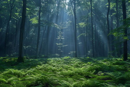 Morning in the forest with sunbeams passing through tree trunksの素材