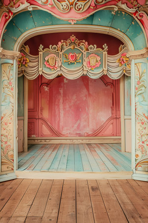 Interior of the circus with wooden floor and pink walls, vintage styleの素材