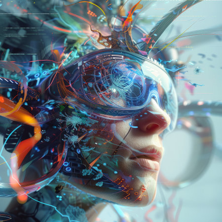 Double exposure portrait of woman with futuristic virtual reality goggles. 3D renderingの素材