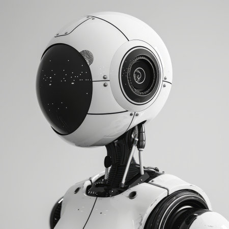 Close-up of a robot's head on a gray background.の素材