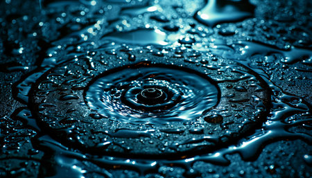 Water drops on the surface of the water. Drops of water on a dark background.の素材