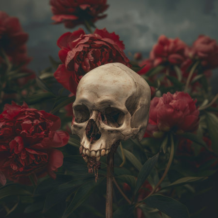 Still life with human skull and red peony flowers on dark backgroundの素材