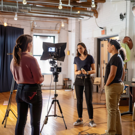 Female vloggers recording video in studio. Young female vlogger standing in front of camera and talking to her female colleagueの素材