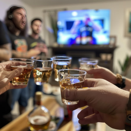 Group of friends having fun and drinking whiskey at a bar or pubの素材