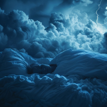 Lightning in the dark blue sky with clouds, 3D illustrationの素材