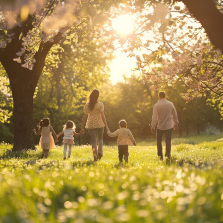 Happy family walking in the park at sunset. Mother, father and children.の素材