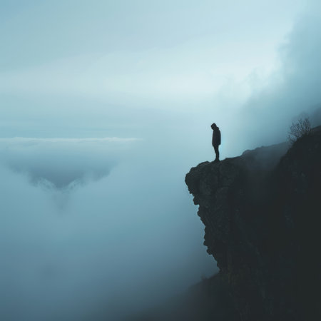 Silhouette of a man standing on the edge of a cliff in the fogの素材