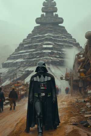 A man in a black suit stands on top of a stupa in Kamchatkaの素材