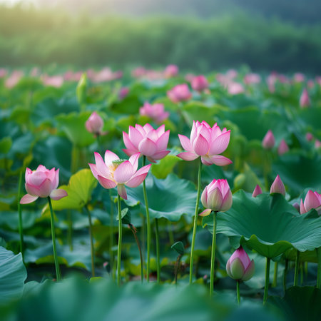 Beautiful pink lotus flowers blooming in the pond with sunlight.の素材