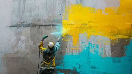 Worker paints the wall with a spray gun. Close-upの素材