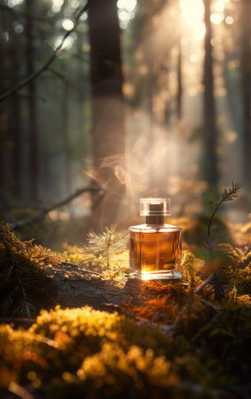 perfume bottle in the forest at sunset. perfume in the forestの素材