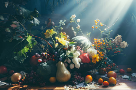 Autumn still life with pumpkins, berries, flowers and leavesの素材