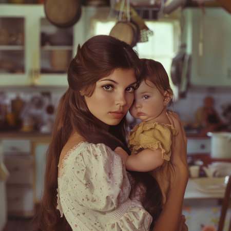 Portrait of beautiful young mother with her daughter in the kitchen.の素材