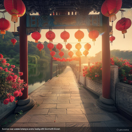 Chinese garden with lanterns in the morning, chinese landscape.の素材