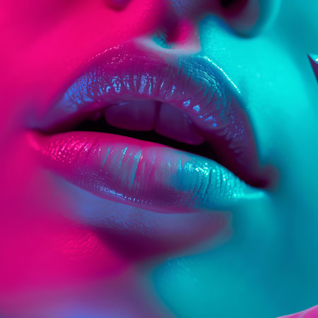 Beautiful female lips with pink and blue lipstick close-up.の素材