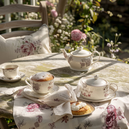 Breakfast in the garden with a cup of coffee and pastriesの素材