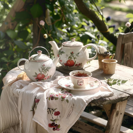 Tea set with teapot and cups on wooden table in summer gardenの素材