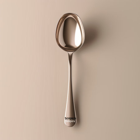 Metal spoon on a beige background. 3D illustration. Copy space.の素材