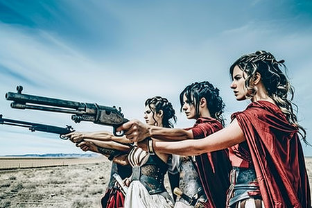 Beautiful woman warrior with a gun on the background of the skyの素材
