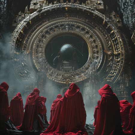 Mystical scene with red hooded men in the ruins of a templeの素材