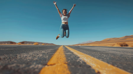 Happy young woman jumping on the road in the middle of the desertの素材