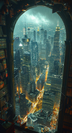 Aerial view of New York City from the window of a room.の素材