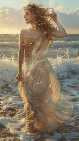 Beautiful woman in white dress on the beach at sunset. Fashion shot.の素材