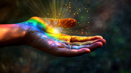 Conceptual image of human hand with glowing rainbow energy beam in palmの素材