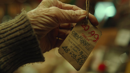 Close-up of an old woman's hand holding a tag with the inscriptionの素材