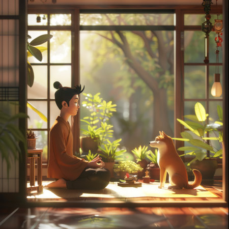 Japanese girl sitting on the floor in front of the window and playing with her dogの素材