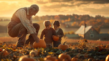 Grandfather with grandson on pumpkin patch at sunset. Happy family preparing for Halloween.の素材