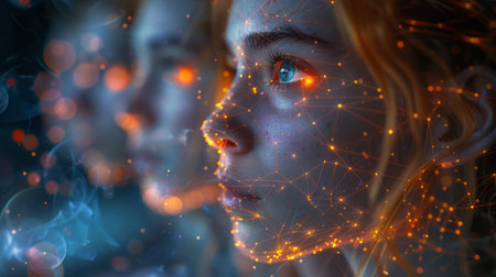 3d rendering of a female face with a network on the backgroundの素材